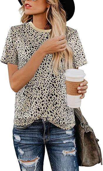 Blooming Jelly Womens Leopard Print Tops Short Sleeve Round Neck Casual T Shirts Tees(L, Leopard ... | Amazon (US)