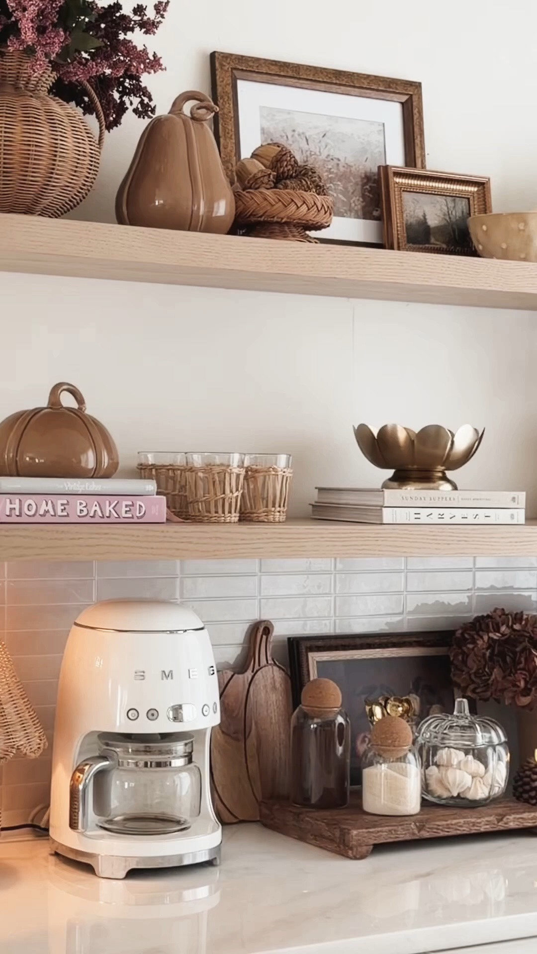 Fall coffee bar, fall decorations, fall shelves, flameless pumpkins candles