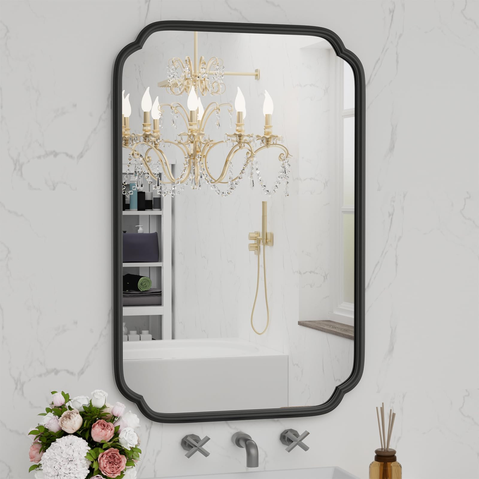 Black Bathroom Vanity Mirrors for Over Sink 24" x 36" Modern Rounded Corner Rectangle Mirror with Non-Rusting Iron Metal Framed Wall Mounted Decorative Mirror (Horizontal/Vertical) | Amazon (US)