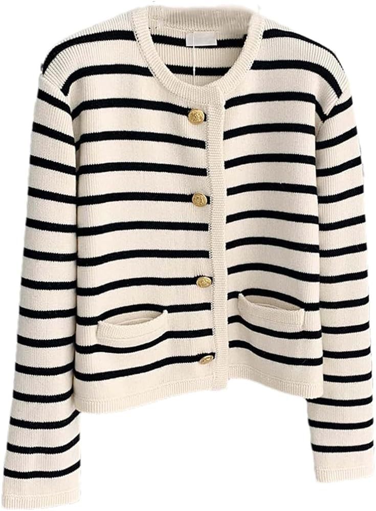 Womens Button Contrast Stripe Long Sleeve Top Knitted Cardigan Sweater Coat | Amazon (US)