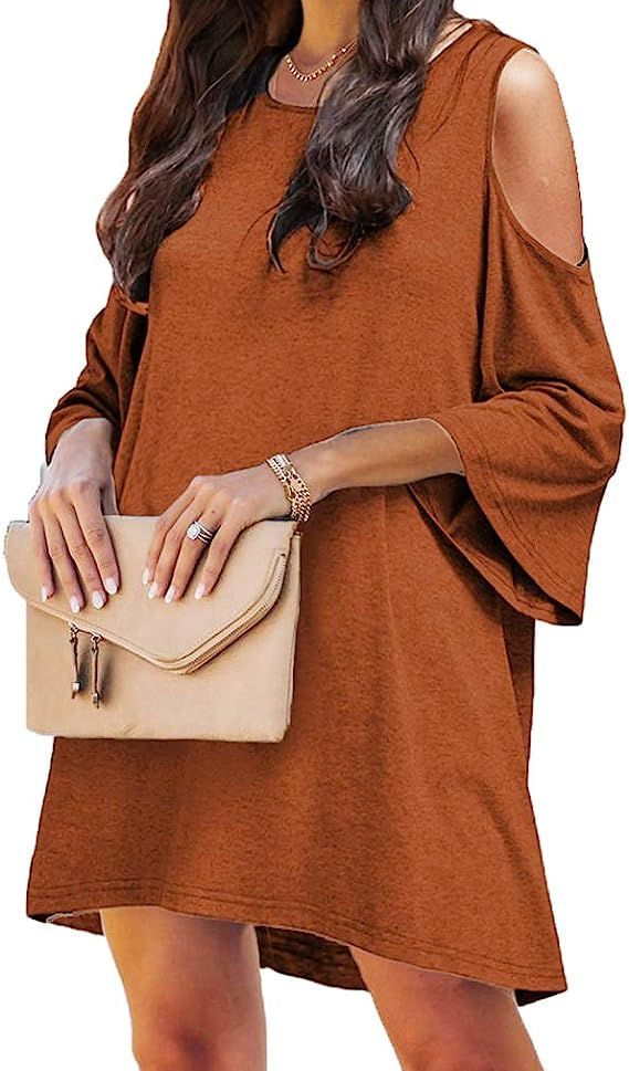 GIBLY Summer Casual Women's Crewneck Cold Shoulder Dress | Amazon (US)