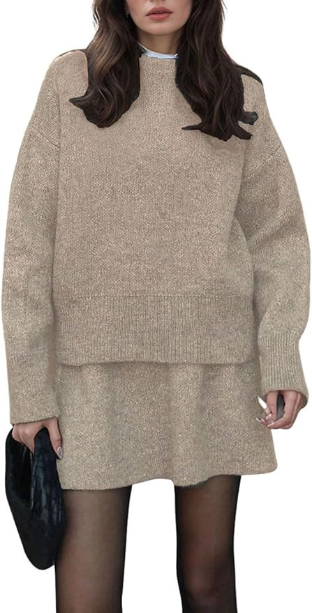 CHARTOU Women Sweater Skirt Sets 2 Pieces Outfits Loose Fit Pullover Sweater Knitted Mini Skirt | Amazon (US)