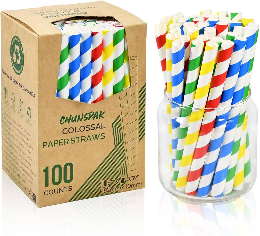 [10mm Wide] Chunspak 6" Short Fat Colorful Striped Paper Drinking Straws Disposable 100 Counts fo... | Amazon (US)