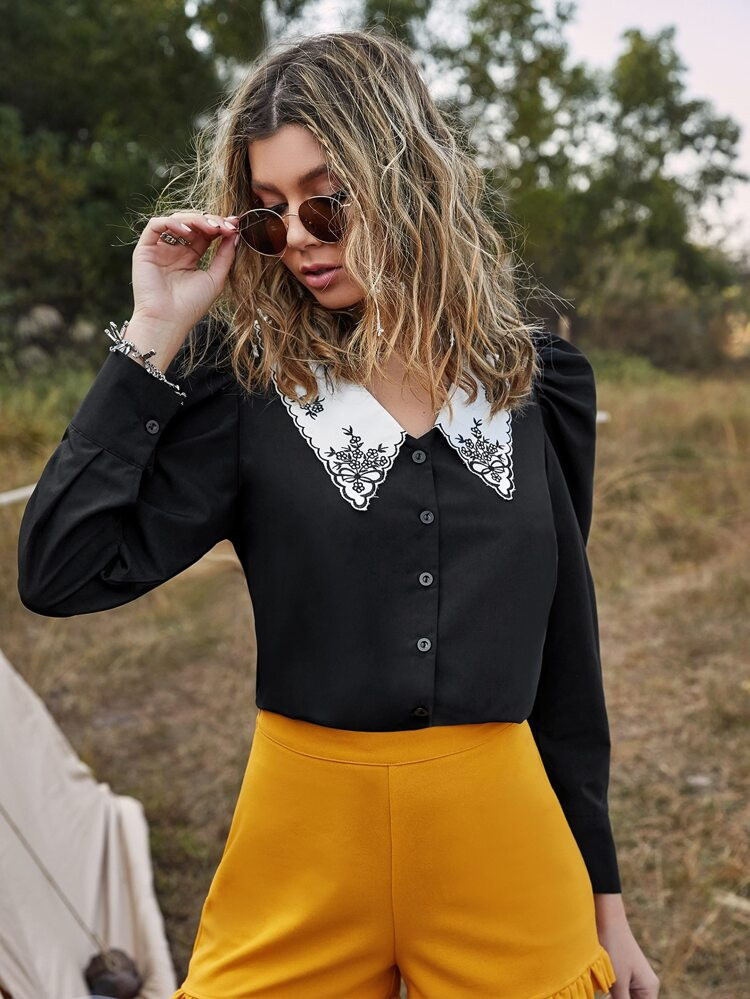 Floral Embroidery Contrast Collar Button Up Blouse | SHEIN