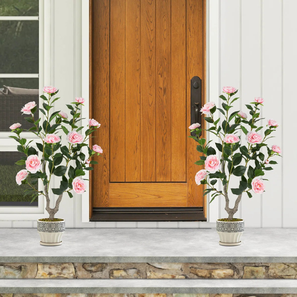 2 Pcs 36" Artificial Camellia Tree Fake Potted Tree Greenery Floral Plant Modern | Wayfair North America
