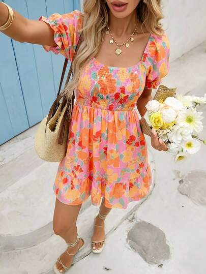 Vivid Eden 2026 Summer New French Retro Colorful Floral Print Mini Dress, Featuring Square Neck A... | SHEIN