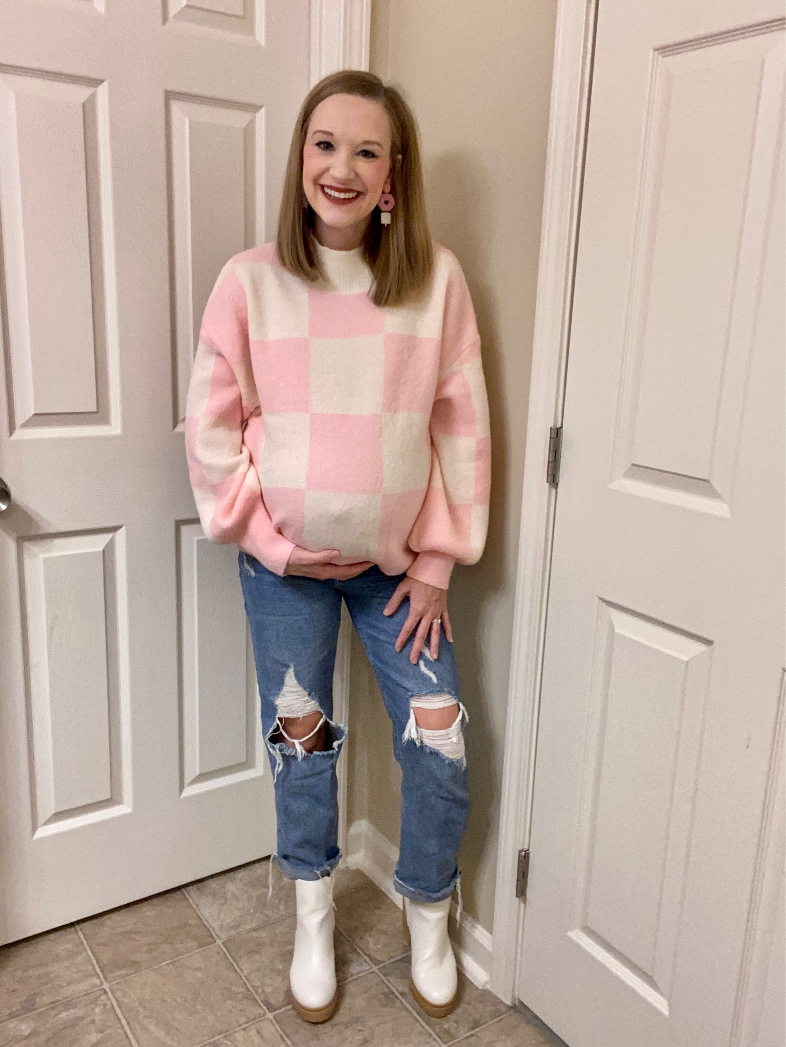 The cutest outfit of the day featuring a checker sweater from Shein, ripped jeans and Chelsea lug boots from Walmart!! Outfit is adorable and comfy!! Winter outfit!! Walmart style!! Shein style!! Maternity outfit 

#LTKbump #LTKstyletip #LTKshoecrush