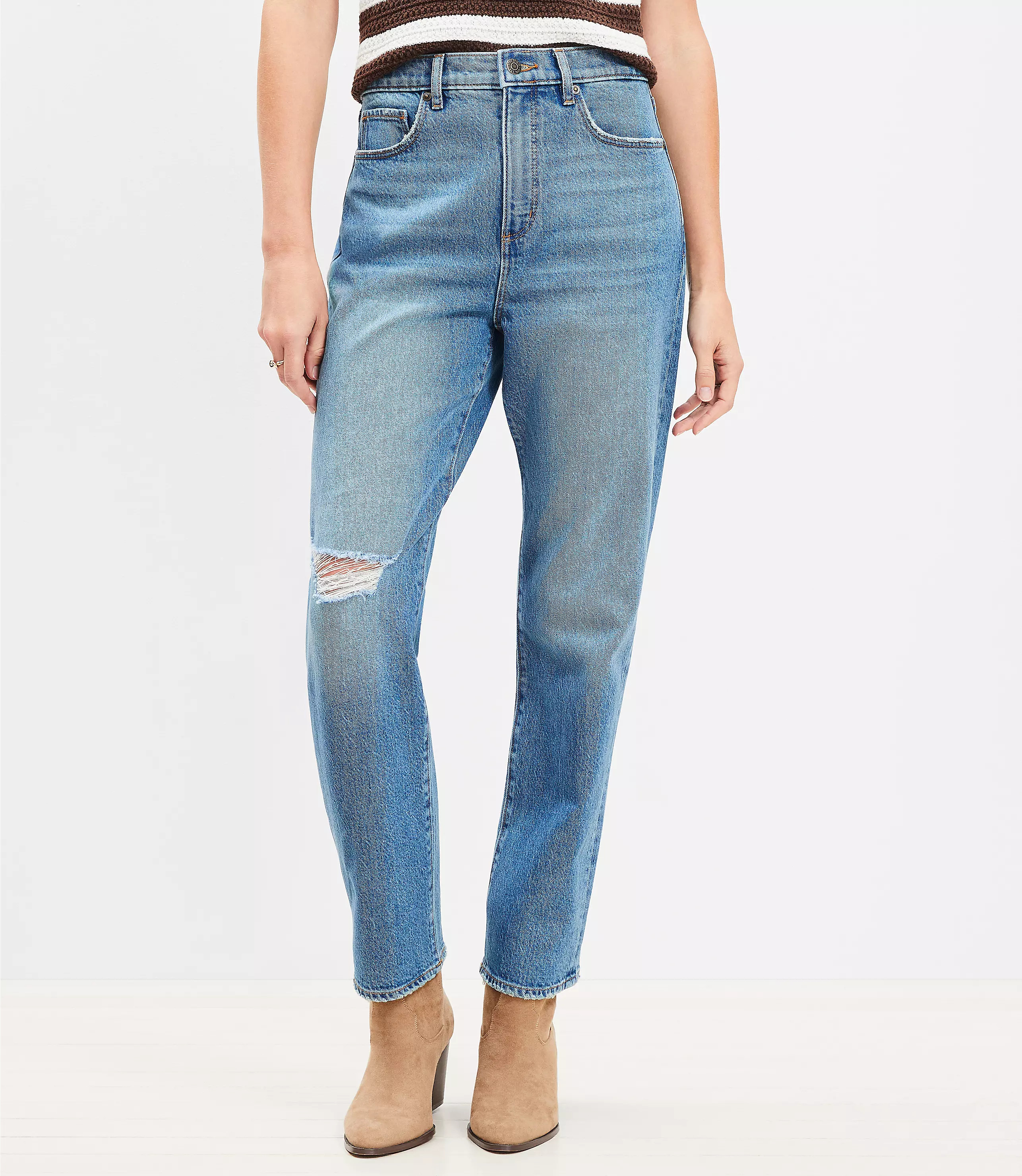 Curvy Destructed High Rise Straight Jeans in Dark Vintage Wash | LOFT