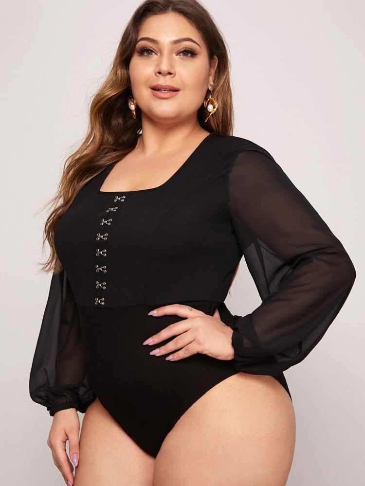 Plus Square Neck Sheer Lantern Sleeve Hook and Eye Bodysuit | SHEIN