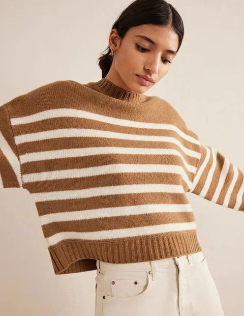Brushed Wool Cropped Sweater - Teddy Bear, Ivory Stripe | Boden US | Boden (US)