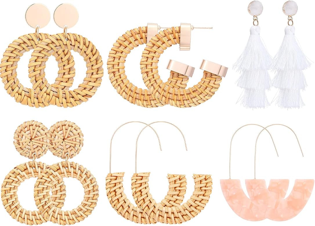 6 Pairs Rattan Earrings Straw Earrings Tassel Woven Bohemian Earring Handmade Wicker Braid Hoop D... | Amazon (US)