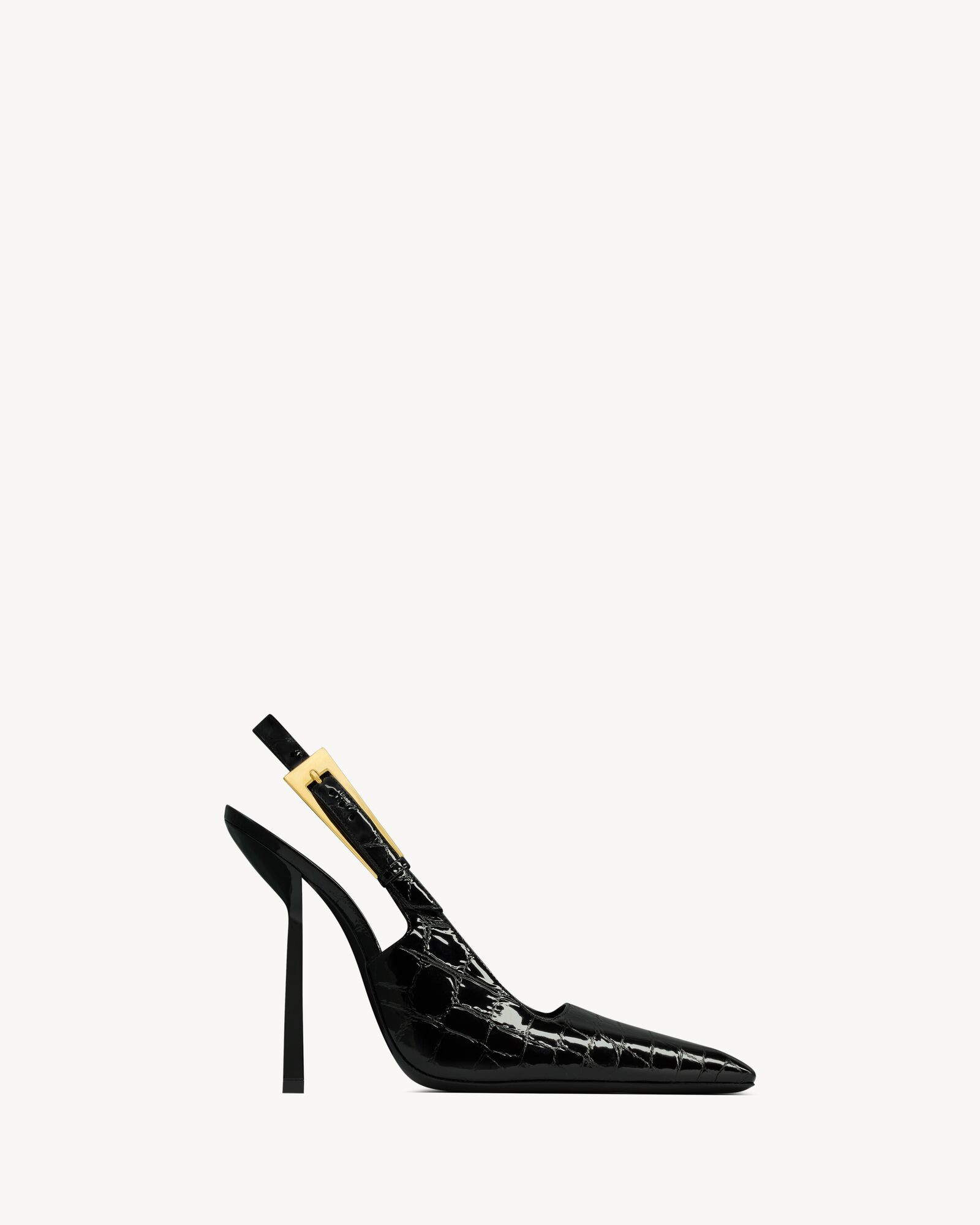 slingback pumps with a square pointed toe and covered asymmetric stiletto heel, featuring a squar... | Saint Laurent Inc. (Global)