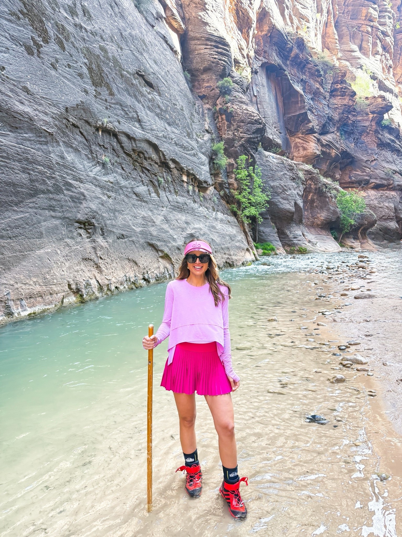 My hiking outfit of the day! Narrows Hike outfit. Zion outfit. Hiking style. Amazon plated skirt in XXS. Amazon tank top in XS. Free People tempo top in XS. Alo visor. Gucci sunglasses.

#LTKootd #LTKActive #LTKfitnessgoals