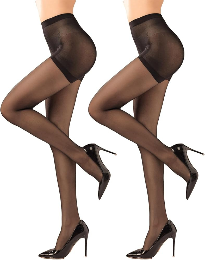 Weziarer 2 Pairs Women's Control Top Pantyhose - 20D Sheer Tights with Reinforced Toes | Amazon (US)