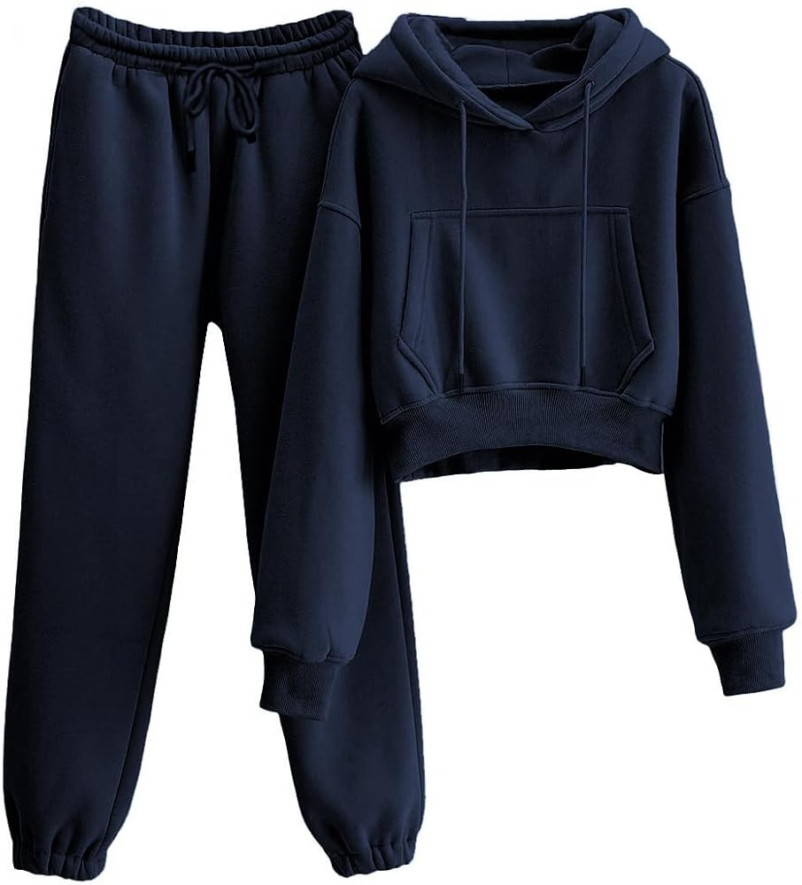 Womens Fleece 2 Piece Outfits Sweatsuit Crop Hooded Pullover Sweatshirt Top Jogger Sweatpants Tra... | Amazon (US)