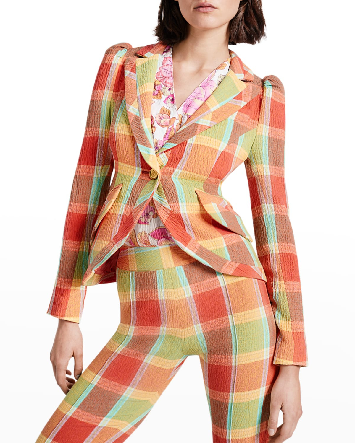 Pouf-Sleeve Plaid Cutaway Blazer | Neiman Marcus