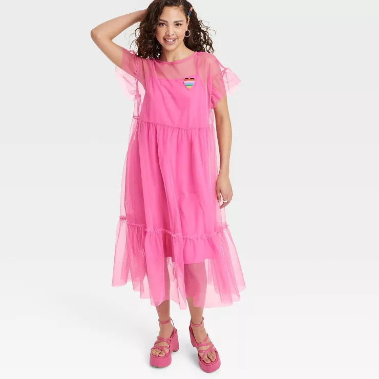 Pride Adult Short Sleeve Tulle A-Line Dress - Pink | Target