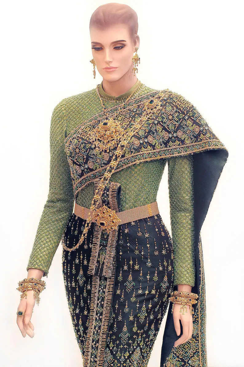 Luxury Thai Sivalia Bridal Dress Thai/khmer/laos Real Praewa Brocade Silk Handmade Embroider Made... | Etsy (US)