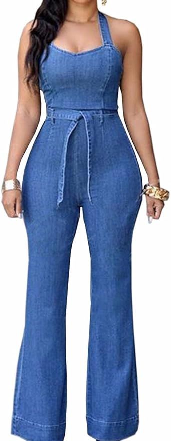 Sexyshine Women's Blue Denim Long Leg Jumpsuit Romper Casual Jeans Playsuit Overalls | Amazon (US)