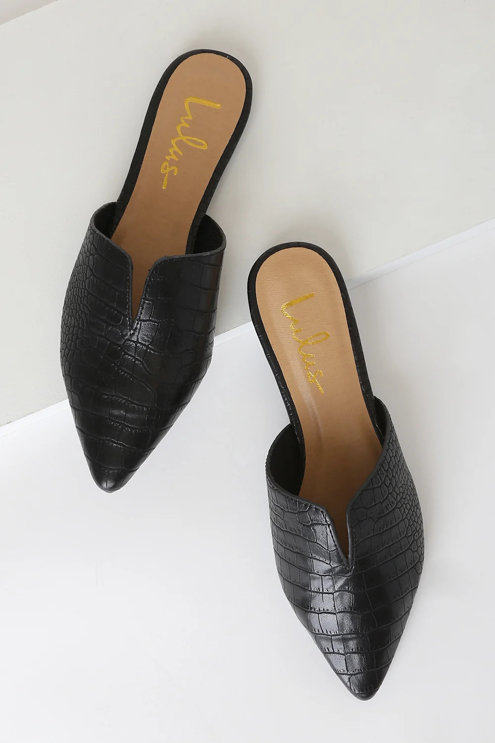 Jaelyn Black Crocodile Embossed Pointed-Toe Slides | Lulus (US)
