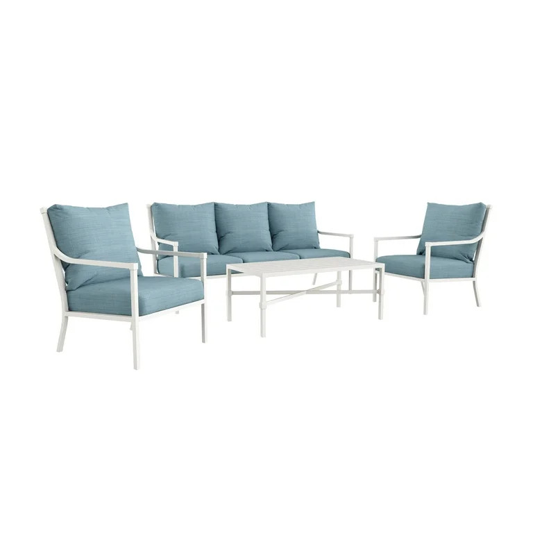 My Texas House Cambria 4-Piece Outdoor Patio Conversation Set, White/Blue | Walmart (US)