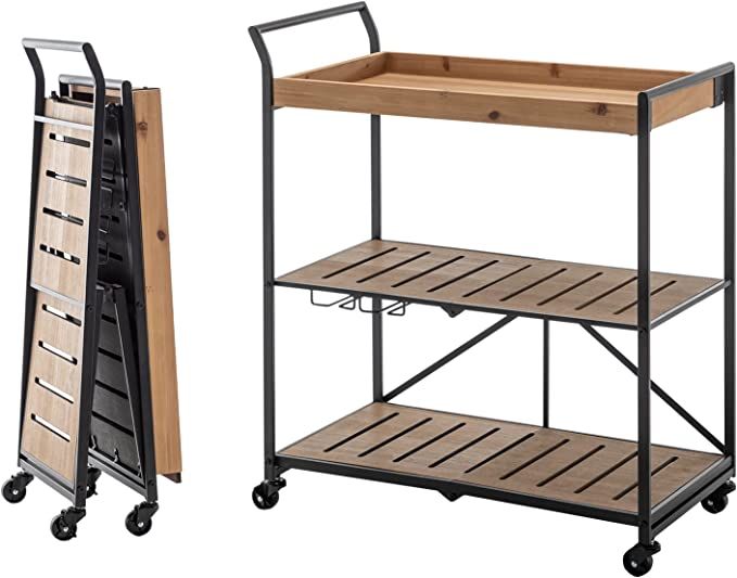MELLCOM Folding Bar Cart Kitchen Serving Cart on Lockable Wheels 3-Tier Rolling Utility Cart with... | Amazon (US)