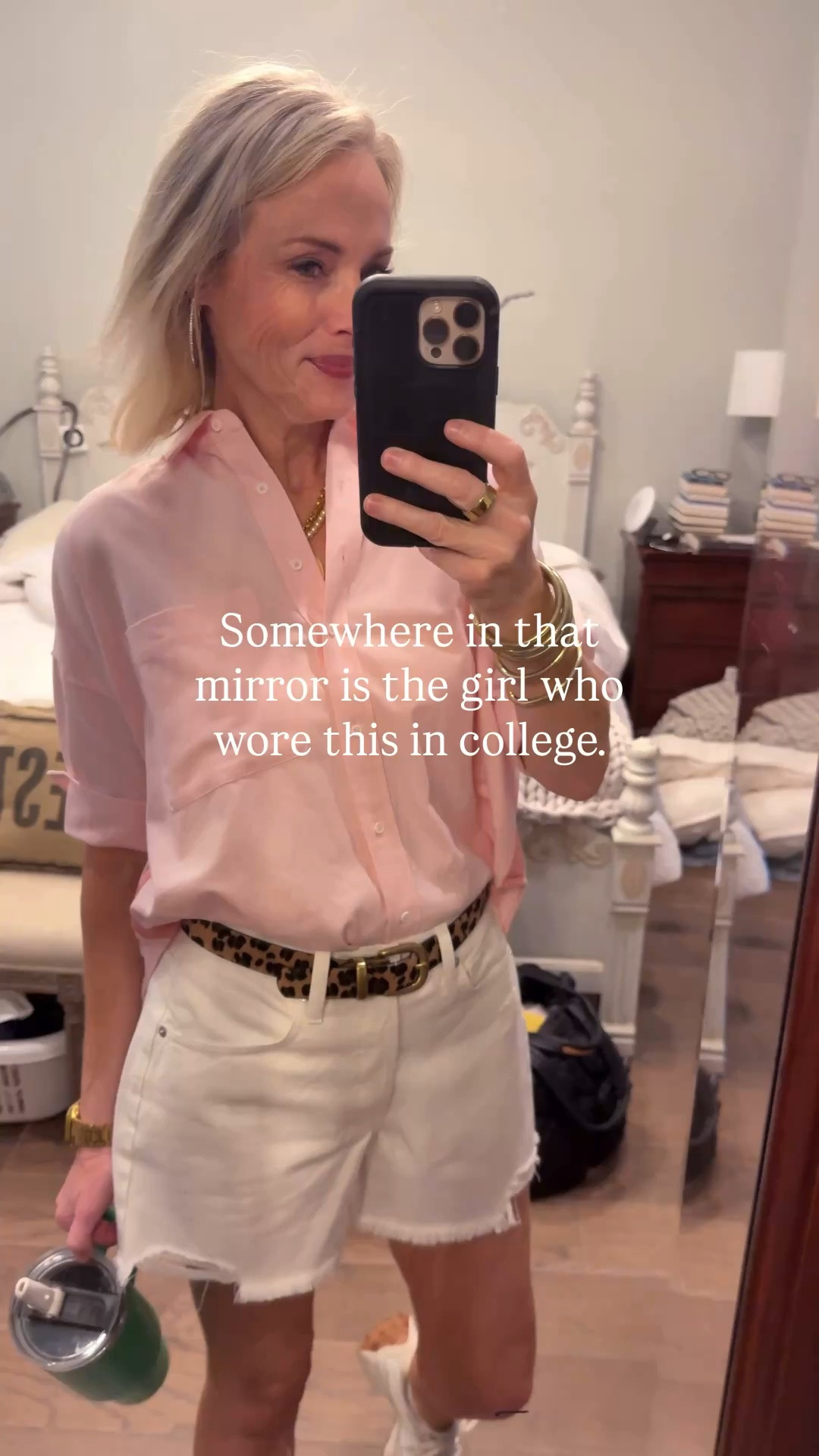 Somewhere in that mirror is the girl who wore cutoffs and a t-shirt almost every day in college. This is just the 55-year-old version of it. I still think denim cutoffs and an oversized button down are one of the best casual summer outfit formulas for Gen X women because it feels effortless, comfortable, and pulled together without trying too hard. Some things really do stay with you.

#LTKdayinmylife #LTKootd #LTKOver40