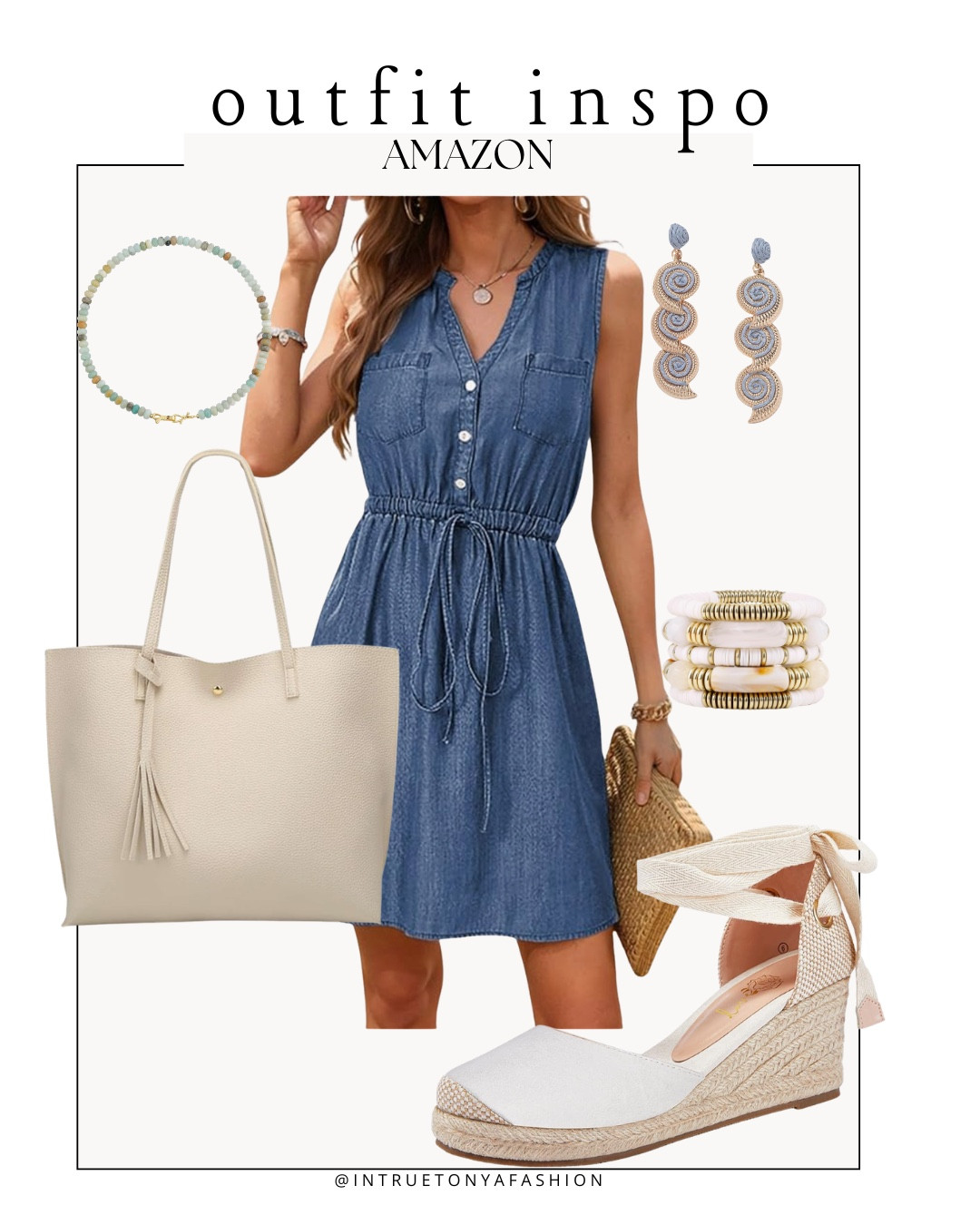 Chambray sun dress with white espadrille wedges, white tote bag, statement earrings, beaded necklace and stacked bracelets 






Amazon outfits every outfit inspo, outfit ideas, casual outfits amazon, amazon outfits every day, spring outfits 2026, summer outfits, summer workwear, summer dresses, blue dress, 

#LTKootd #LTKPetite #LTKSaleAlert