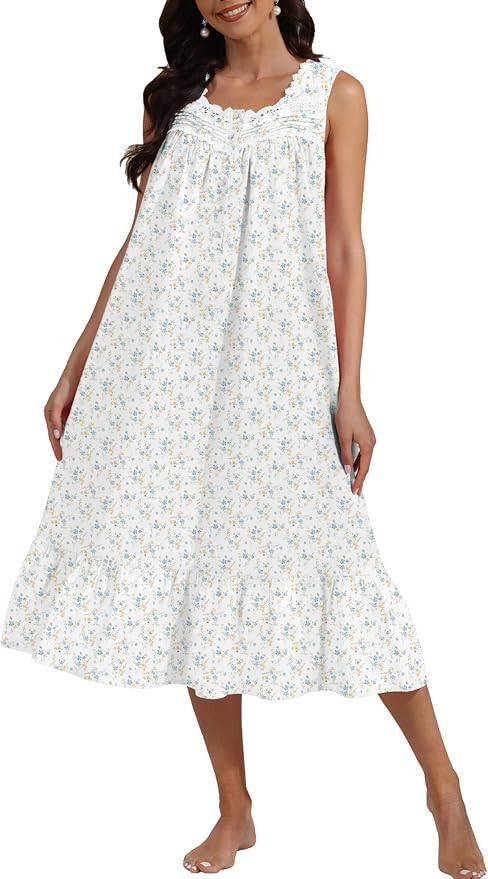 100% Cotton Floral Pearl Snap Nightgown for Women Sleeveless Victorian Sleep Dress Cotton Nightgo... | Amazon (US)