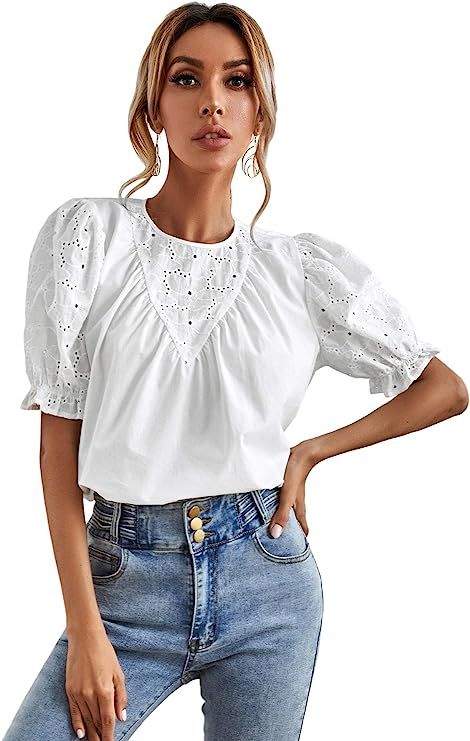 SheIn Women's Eyelet Embroidered Round Neck Blouse Puff Short Sleeve Frill Tee Tops | Amazon (US)