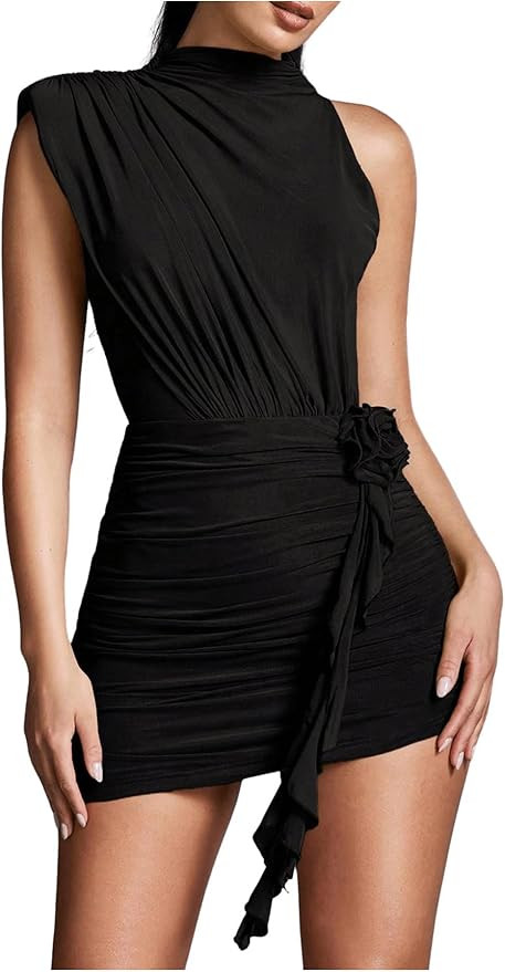 GORGLITTER Women's Flower Birthday Cocktail Mini Dress Asymmetrical Mock Neck Summer Going Out Pr... | Amazon (US)