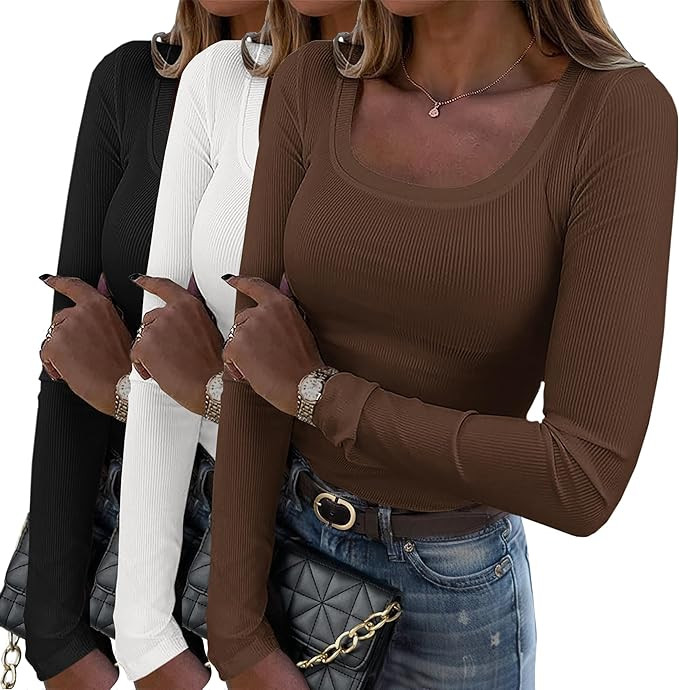 Zeagoo Women's Long Sleeve Scoop Neck Shirts Casual Slim Fit Rib Knit Tops Summer Fall Basic Busi... | Amazon (US)