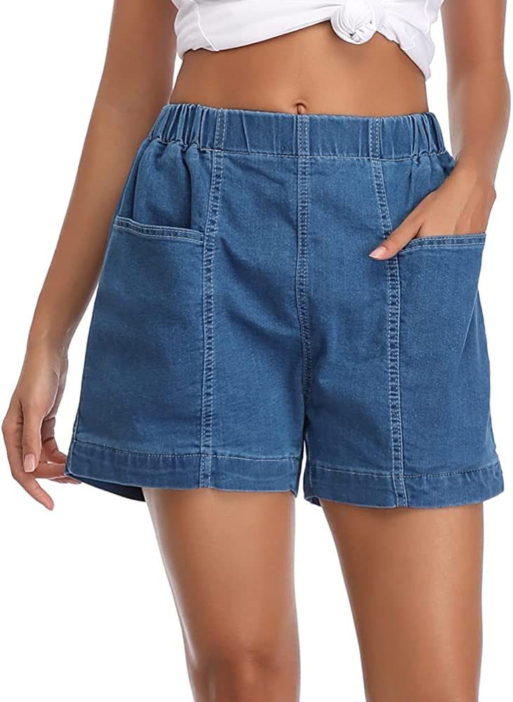 Fuinloth Women's Denim Shorts, Elastic Wasit Mid Rise Loose Fit with 2 Front Pockets, Stretchy Jeans | Amazon (US)