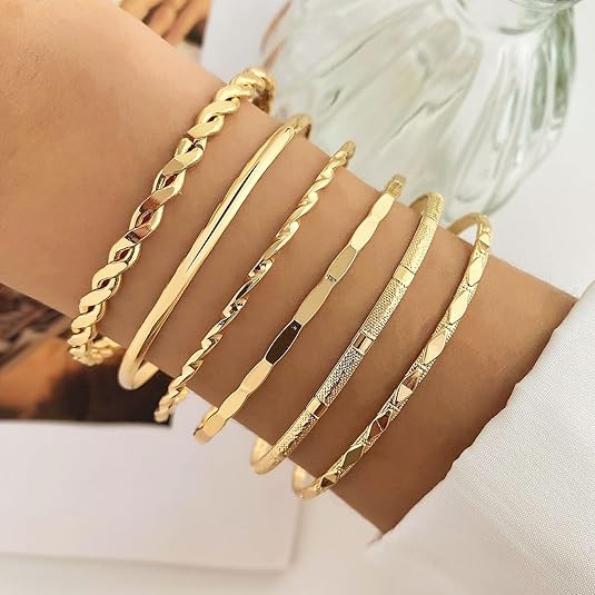 6 Pcs Gold Plated Bracelet Set for Women: Bangles, Cuffs & Dainty Chains | 14K Mixed Stackable Br... | Amazon (US)