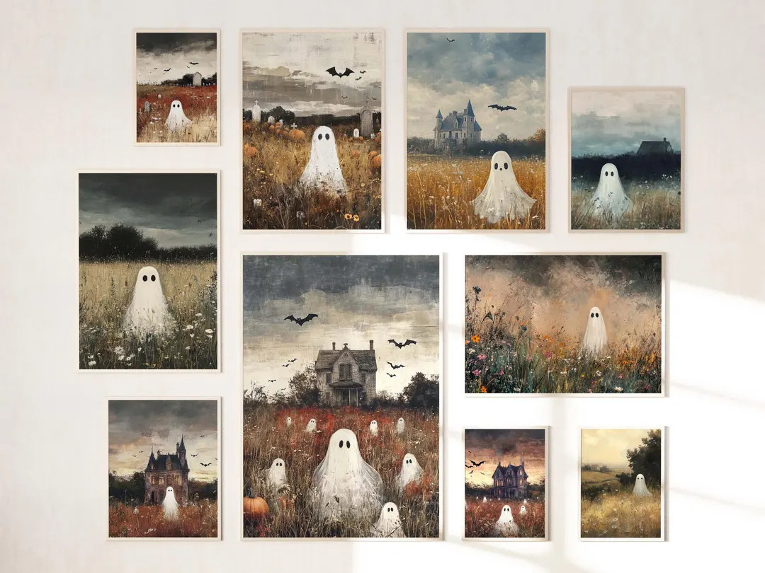 Halloween Gallery Wall Art Set of 30 Prints Little Ghost in Vintage Landscape Paintings Spooky Co... | Etsy (US)