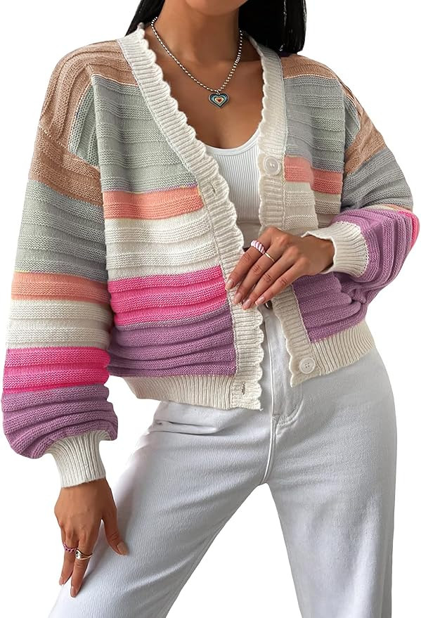 SHENHE Women's Drop Shoulder Button Front Long Sleeve Cute Cropped Cardigan Sweater | Amazon (US)