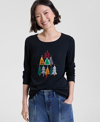 Holiday Lane Women's Petite Festive Trees 3/4 Sleeve Scoop Neck Shirt, Macy's Exclusive - Macy's | Macy's
