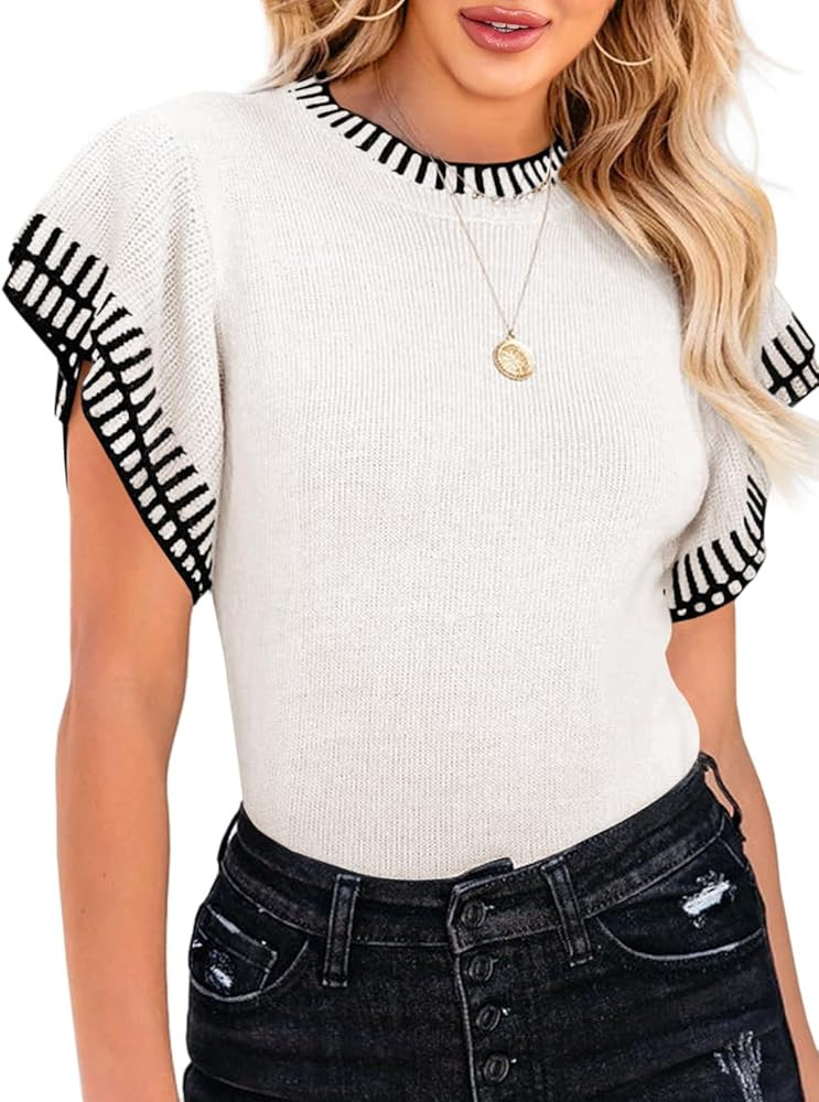 Saodimallsu Womens Short Sleeve Sweaters Tops Summer Ruffle Striped Loose Crew Neck Lightweight S... | Amazon (US)