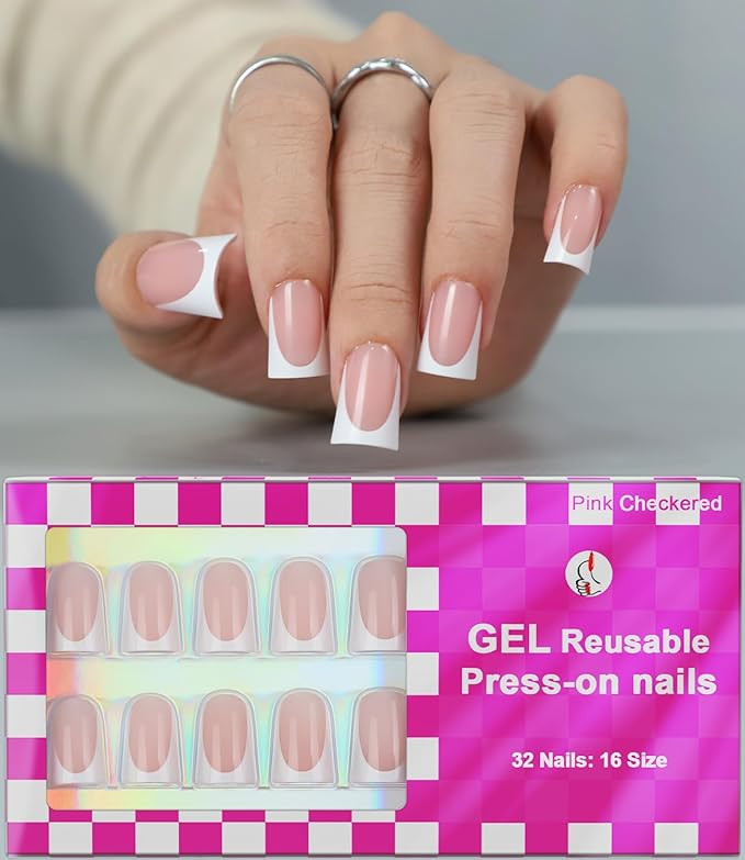 Anyos 16 Sizes French Tip Short Duck Press on Nails,Soft Gel Fake Nails Glossy 32pcs with Nail Gl... | Amazon (US)