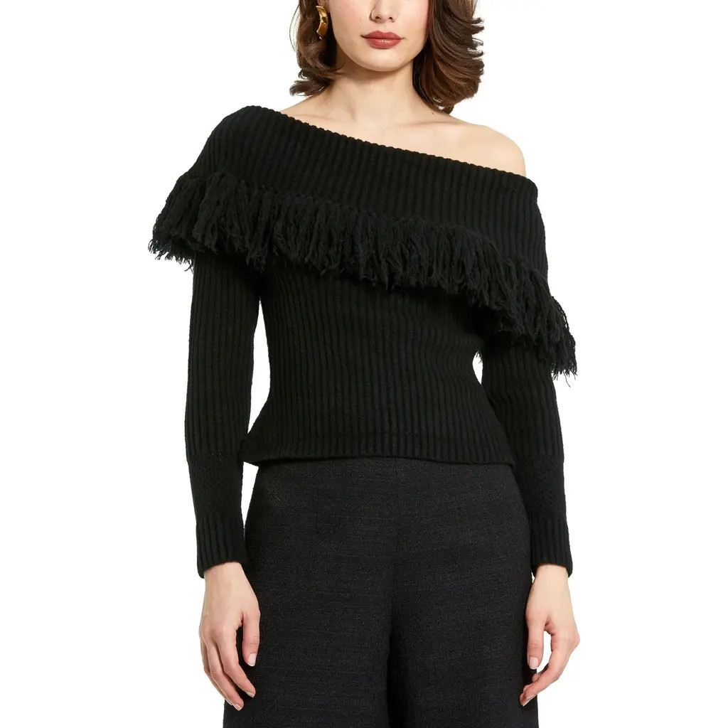 Mac Duggal Off The Shoulder Long Sleeve Fringe Knit Sweater in Black at Nordstrom, Size Small | Nordstrom