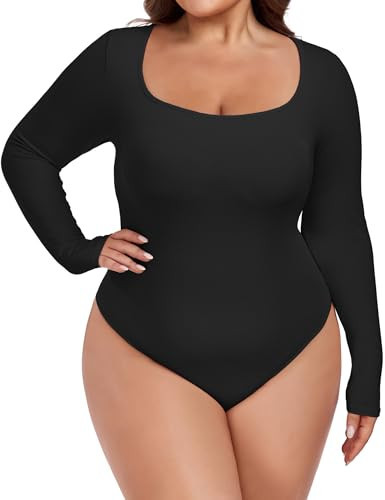 FOREYOND Plus Size Bodysuits for Women Long Sleeve Scoop Neck Bodysuit Sexy One Piece Body Suit Tops Black 3XL | Amazon (US)