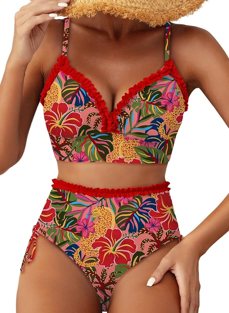 Herseas Women's Splice Ruffle Trim Bikini Sets Tie Side Swimsuits High Waisted Bathing Suits | Amazon (US)