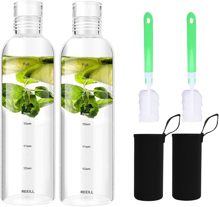 Snminetal Glass Drinking Water Bottles，With Time Marker，Non-slip Sleeve And seal Lids, Drink ... | Amazon (US)