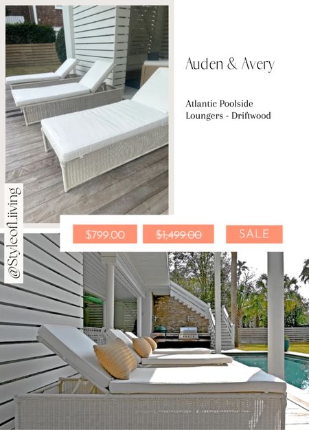 Auden and Avery Atlantic poolside loungers driftwood. Outdoor furniture on sale! Coastal beach home style. Chaise lounge chairs patio seating. Charleston style. Southern style. #outdoor #outdoorfurniture #coastal #vacation #poolside

#LTKhome #LTKSeasonal #LTKsalealert
