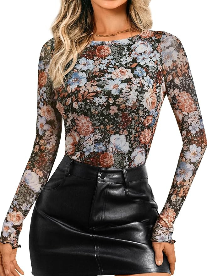 LILLUSORY Boat Neck Double-Layer Lace Long Sleeve Sheer Floral Mesh Going Out Tops Fall Fashion O... | Amazon (US)