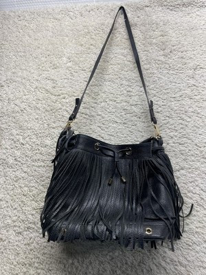 Milly Black Leather Fringe Drawstring Bucket Bag Purse Excellent Condition | eBay US