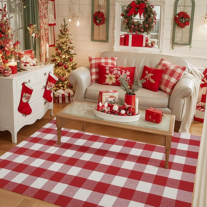 SEEKSEE Cotton Buffalo Plaid Rug 27.5"x43" Red and White Checked Rug Washable Doormats Indoor Out... | Amazon (US)