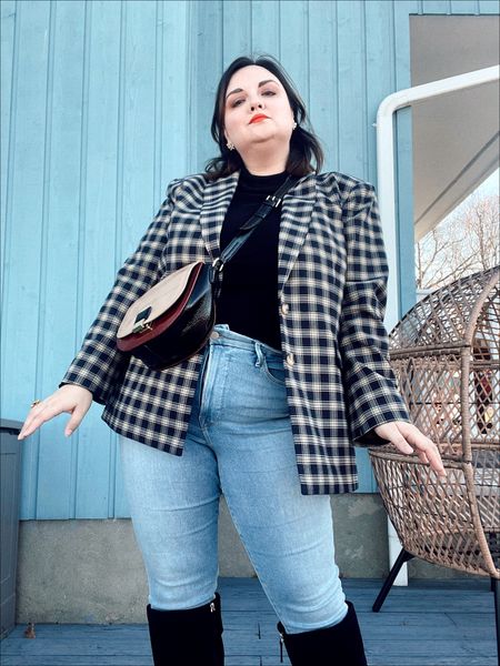 Recreated my look today! The blazer is still available and I also included a cheaper option. 

Plus size outfit, plus size style, size 16 influencer, size 16 outfit, size 16 style, blue plaid blazer, fall outfit, winter outfit, black turtleneck, gold bow earrings, multi color fall satchel, light denim skinny jeans, wide black knee high boots 

#LTKunder100 #LTKunder50 #LTKcurves