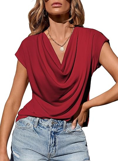 EVALESS Fashion 2026 Cowl Neck Tops for Women Dressy Casual Short Sleeve Shirts Summer Clothes Ou... | Amazon (US)