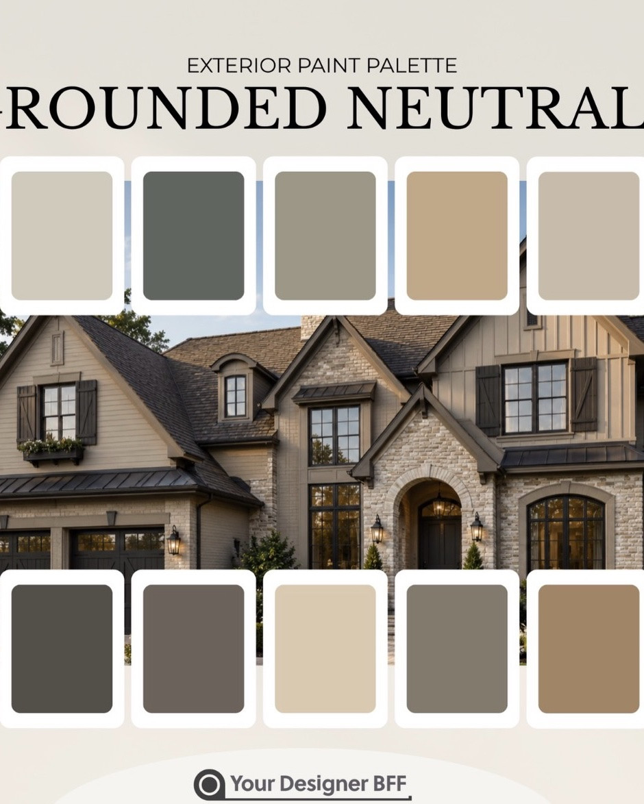 Comment  shop for a link or DM me if you need a custom exterior color consultation.  Choosing an exterior paint color is hard enough—choosing an entire exterior palette that works together is where most homeowners get stuck.

That’s exactly why I created the Grounded Neutrals Exterior Paint Palette: a professionally curated collection of warm, earthy Sherwin-Williams colors designed to create a timeless, cohesive look.

Whether you’re building a new home, planning a full exterior repaint, updating your curb appeal, or searching for the perfect neutral house color, this palette takes the guesswork out of the process.

If you’ve been searching for Sherwin-Williams exterior colors, neutral exterior paint palette, warm beige house colors, whole house exterior color scheme, or modern traditional exterior paint ideas, this palette was created for you.

#exteriorpaintcolors #sherwinwilliamscolors #curbappeal #houseexteriordesign #paintpalette
